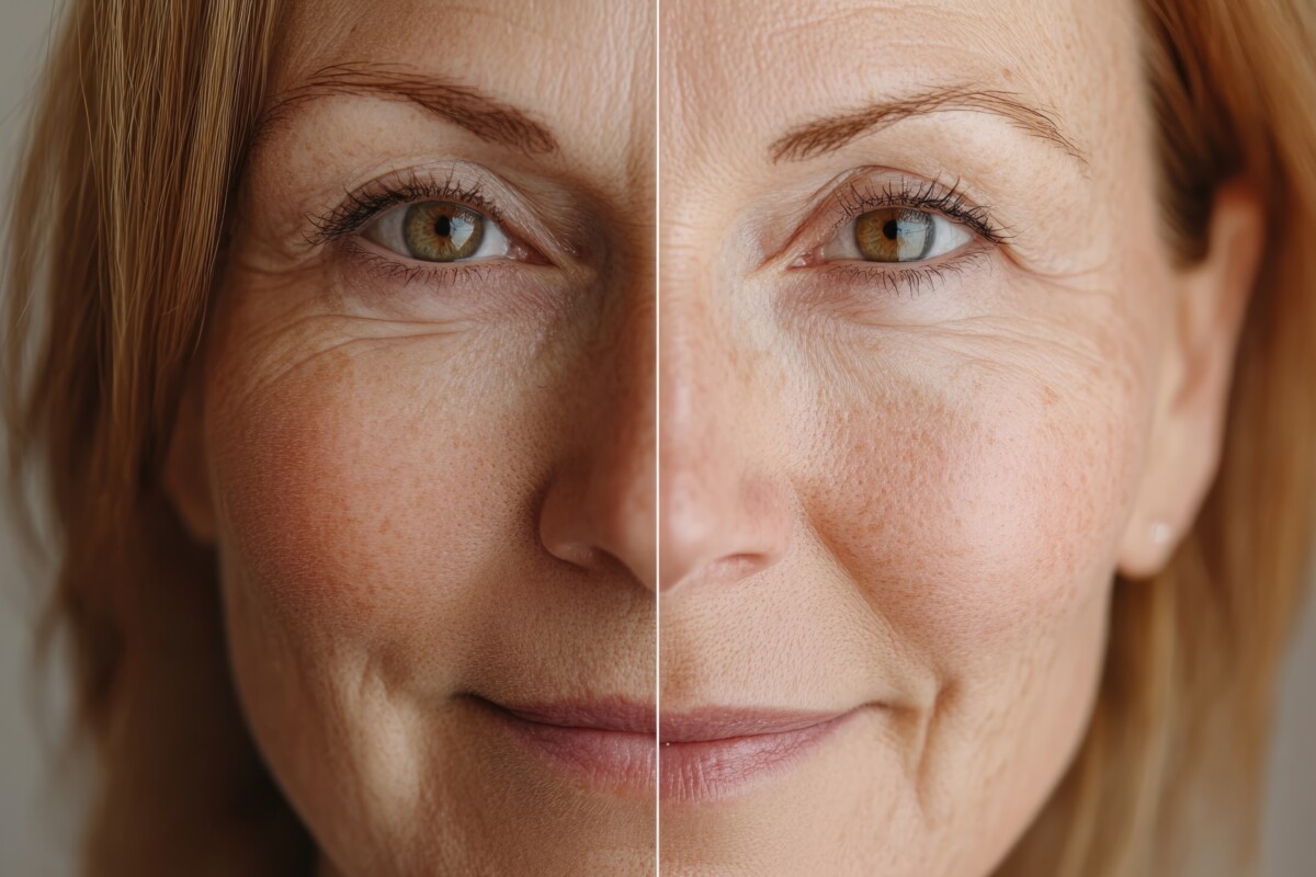Close-up before and after comparison of a woman's face showing reduced pigmentation, smoother skin texture, and softened fine lines after a chemical peel treatment